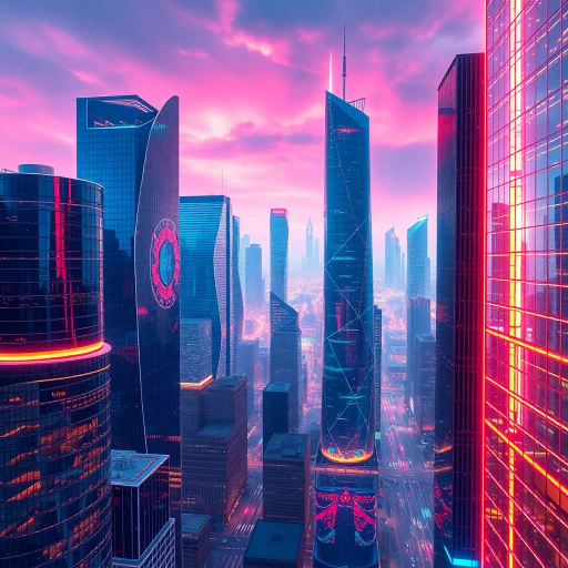 corporate landscape, futuristic cityscape, sleek architecture, modernism, digital rendering, ethereal lighting, glossy surfaces, vibrant neon hues, urban environment, skyscrapers, technological sophistication, dynamic composition, sharp lines, high contrast, bustling atmosphere, global influence, modern business world, expansive city views, reflections, sky-high perspectives, innovation and progress symbolism