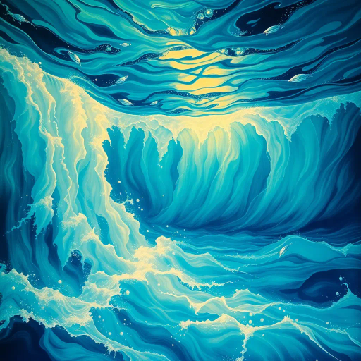 surreal ocean scenes, cascading waterfalls, luminous seascapes, ethereal blues and greens, fluid motion, Yves Klein, post-impressionism, dynamic waves, translucent textures, Art Nouveau elegance, iridescent surfaces, tranquil mood, aquatic life, reflections of light, immersive perspectives, intricate details, atmospheric depth, Zen influence, serene composition, expansive horizons, dreamy atmosphere