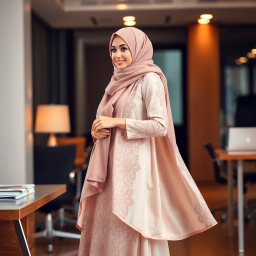 Arab woman, elegant hijab, professional setting, modern workplace, high heels, Middle Eastern culture, contemporary art, intricate patterns, vibrant colors, soft lighting, dynamic pose, cultural expression, delicate fabrics, office environment, confident demeanor, sophisticated fashion, grace and poise, diverse representation, cultural fusion, empowerment, modernism, Impressionism influences, human form, balance and harmony, Henri Matisse, modern elegance, intricate textile patterns, vibrant aesthetic, global influence, artistic expression, dignity and strength, atmospheric composition, elegant lines, harmonious palette, seamless integration, modern artistry