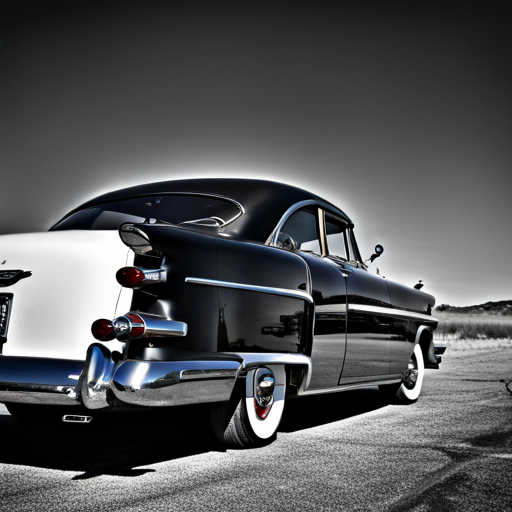 50's era, automobiles, nostalgia, chrome, fins, Detroit, American muscle, classic lines, black and white, road trip, iconic, timeless design, retro, horsepower, tail lights, drive-in, shiny, sleek, car shows, collectors, restored, garage, history, craftsmanship, road trips, gas guzzlers, glamorous Hollywood stars, mid-century modern design, monochromatic tones, leather interiors