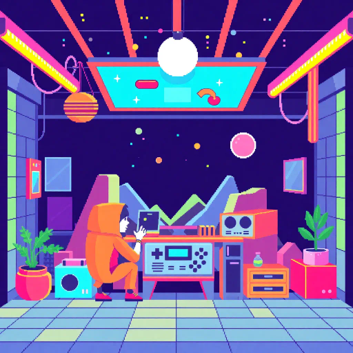 pixelated design, retro vibes, 1980s aesthetics, vivid color palette, small scale, precision detailing, blocky shapes, video game influence, gaming nostalgia, low resolution, cartoonish elements, youth culture, dynamic layout, pixel perfect, digital nostalgia, vibrant storytelling, geometric precision