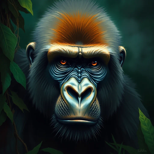 dynamic gorilla portrait, expressive, vibrant colors, chiaroscuro lighting, inspired by Henri Rousseau, jungle environment, bold and textured brushstrokes, intricate details, sense of majesty, lush vegetation, jungle mist, surrealism, powerful presence, contemporary digital techniques, evocative mood, deep greens and earthy tones, intricate patterns, wildlife essence, symbolic of strength and wisdom, ethereal atmosphere