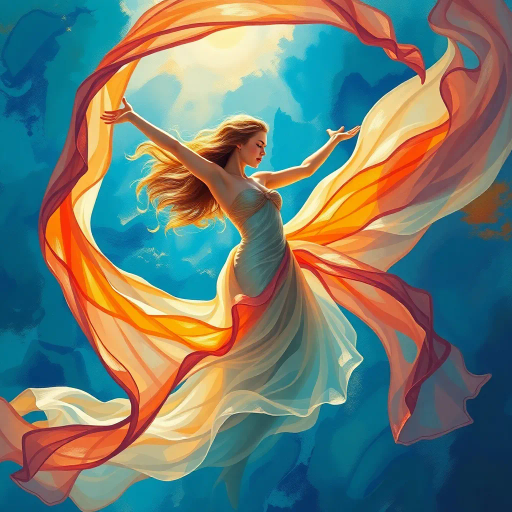 graceful, ethereal, sunlit, renaissance, Botticelli-inspired, vibrant colors, flowing fabric, soft contours, abstract realism, oceanic background, azure hues, delicate brushstrokes, dynamic composition, sun-kissed, serene expression, liberating movement, artistic nudity, impressionistic textures, harmonious balance, timeless beauty, emotive palette, chiaroscuro lighting, cultural diversity, immersive perspective, transcendent elegance, radiant illumination, ethereal glow, harmonious rhythm, soft transitions, sublime light, cultural tapestry, visual poetry, serene harmony, dreamlike atmosphere, radiant illumination, dynamic composition, emotive palette