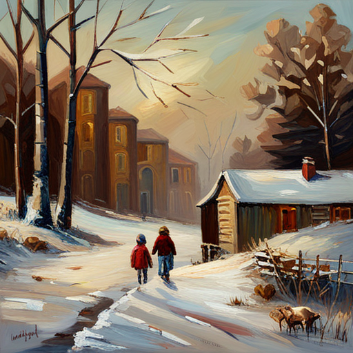 vintage, oil, impressionism, muted colors, texture, palette knife, thick brushstrokes, landscape, nature, nostalgic, romantic, soft lighting, French art, 19th century, outdoor scene, plein air, color harmony, atmosphere, brushwork, impasto, naturalism, tranquility, rustic charm, scenic beauty, capturing light, vintage charm, Winter Children under a Christmas Tree Painting, classic