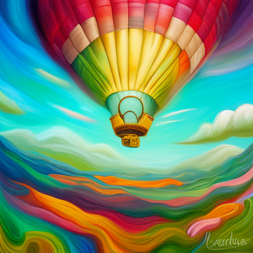 vibrant colors, large scale, dreamlike landscape, whimsical hot air balloon, surreal atmosphere, fantasy elements, imaginative composition, ethereal lighting, fantastical perspective, magical realism, floating sensation, colorful palette, otherworldly adventure