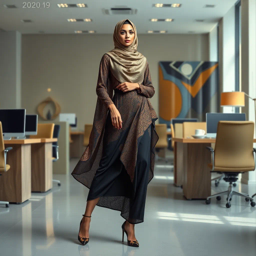 elegant Arab woman, professional attire, modern workplace, high heels, Middle Eastern influence, contemporary art style, intricate patterns, vibrant color palette, soft ambient lighting, cultural expression, dynamic posing, delicate textiles, confidence, empowerment, sophistication, grace, diverse cultural representation, cultural fusion, impressionism influences, human form depiction, balance and harmony, dynamic office environment, elegance, poise, detailed craftwork, modernism, cultural narrative, harmonious composition, vibrant textures