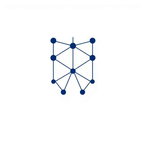 abstract letter M logo, parent node, child nodes, thin branching lines, tree hierarchy, indigo gradient, minimal vector design, white background, geometric abstraction, modernist influence, Bauhaus, clean lines, connection symbolism, hierarchical structure, conceptual design, negative space, visual balance, contemporary aesthetics