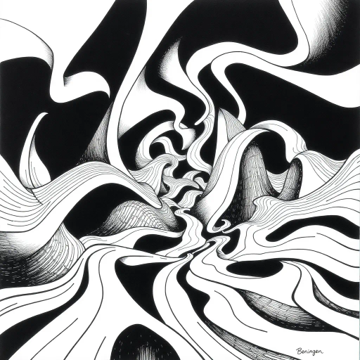 geometric shapes, intricate patterns, flowing lines, minimalist design, abstract expression, monochrome palette, dynamic movement, M.C. Escher influence, precise detailing, linear perspective, conceptual exploration, visual harmony, contour emphasis, spatial depth, contemporary influence, surreal geometry, optical illusion, mathematical artistry, avant-garde composition, abstract forms, pen and ink medium, black and white contrast, intersecting lines, detailed tessellation, fluid dynamics, rhythmic patterns, creative geometry, fine linework, subtle gradients, modern abstraction, artistic innovation, interlocking forms, infinite loops, Escherian landscapes, artistic paradox