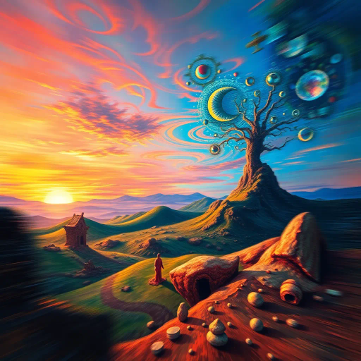 juxtaposition, surrealism, vibrant colors, intricate details, Salvador Dalí, dreamlike, ethereal, whimsical landscapes, motion blurs, soft gradients, imaginative forms, dawn light, harmony, tranquility, paradoxical imagery, blended textures, enigmatic symbols, abstract expressionism, fantastical elements, dynamic composition, metaphysical exploration, atmospheric depth, scale play, visual metaphor, transitions, optical illusions, subtle contrasts