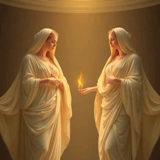 vestal virgins, ethereal beauty, neoclassical elegance, pagan rituals, soft ambient lighting, serene symmetry, ivory and gold hues, ancient Rome, flowing robes, divine femininity, intricate drapery, mystical aura, calm serenity, goddess-like poise, renaissance influences, high detail, sacred geometry, eternal flame, mythological narrative, spiritual grace, timeless transcendence, historical richness, subtle texture, reverent atmosphere, celestially inspired