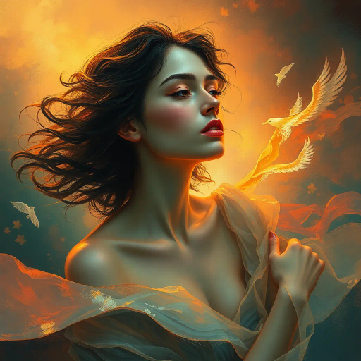 ethereal woman, renaissance lighting, dramatic contrasts, vibrant hues, delicate textures, impressionist influences, emotionally evocative, modern twist, surrealism undertones, dynamic composition, fluid movement, Baroque era inspiration, intricate details, fantastical elements, cultural richness, harmonious balance, mythical aura, expressive gesture, lively ambiance, magical realism, soft brushstrokes, timeless beauty