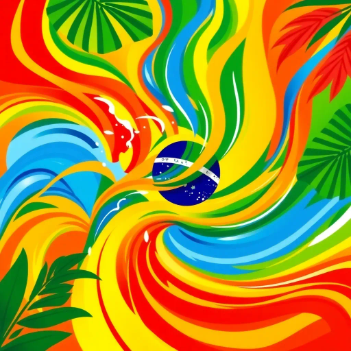 vibrant colors, swirling movement, tropical allure, Brazilian flag, geometric precision, cultural celebration, Carnival inspiration, abstract shapes, bold contrast, energetic flow, Rio de Janeiro, lush greens, radiant yellows, deep blues, chromatic harmony, festive spirit, national pride, rhythmic patterns, dynamic composition, joyful exuberance, modern interpretation