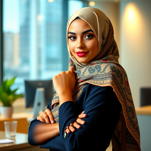 Arab woman, elegant hijab, professional setting, modern workplace, high heels, Middle Eastern culture, contemporary art, intricate patterns, vibrant colors, soft lighting, dynamic pose, cultural expression, delicate fabrics, office environment, confident demeanor, sophisticated fashion, grace and poise, diverse representation, cultural fusion, empowerment, modernism, Impressionism influences, human form, balance and harmony, Henri Matisse, modern elegance, intricate textile patterns, vibrant aesthetic, global influence, artistic expression, dignity and strength, atmospheric composition, elegant lines, harmonious palette, seamless integration, modern artistry