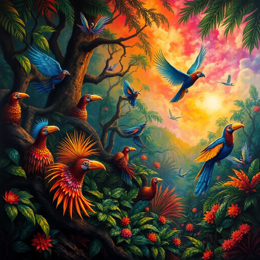 vibrant rainforest, carnival energy, tropical palette, intricate textures, Gustavo Rosa, surrealism, expressive forms, dynamic movement, colorful feathers, mystical beings, atmospheric perspective, lush foliage, samba rhythms, cultural tapestry, radiant lighting, whimsical creatures, vibrant celebrations, exotic wildlife, lively atmosphere, magical realism, imaginative scenery, rhythmic patterns, bold silhouettes