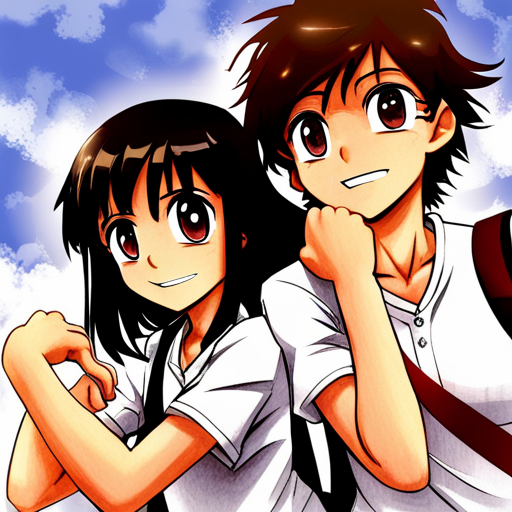 colorful, vibrant, playful, animated, manga, Japanese art, school friends, friendship, youth, dynamic composition, expressive characters, flowing hair, school uniforms, shy girl, boyish boys, contrast, emotional connection, joyful, energetic, lively, manga artist, manga style, school setting, emotive facial expressions, detailed backgrounds, iconic poses, action-packed, adventurous, fun