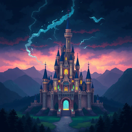 medieval fortress, epic scale, stormy skies, realistic textures, dramatic lighting, dynamic perspective, pixelated details, fantasy landscape, J.R.R. Tolkien, pixel-art influences, ominous clouds, architectural design, ancient stonework, vibrant greens and blues, ethereal mood, surreal atmosphere, adventure theme, intricate patterns, mythical ambiance, immersive environment, atmospheric depth