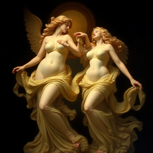 mythical goddesses, voluptuous form, ethereal presence, Jean-Auguste-Dominique Ingres, harmonious curves, radiant glow, chiaroscuro lighting, Baroque elegance, surreal beauty, golden hues, celestial ambiance, fluid movement, soft textures, divine femininity, renaissance influence, majestic poise, ethereal mystique, dreamlike atmosphere, timeless allure, sublime grace