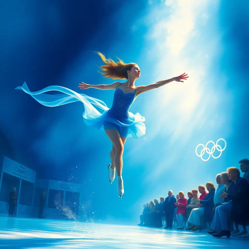 olympic figure skating, ethereal movement, dynamic motion, luminous blue, elegant choreography, azure hues, shimmering lights, impressionist glow, spectators in awe, graceful rotations, fluid lines, kinetic energy, atmospheric lighting, crystalline textures, contemporary art, artistic swirls, capturing momentum, visual rhythm, energetic ambiance, vibrant contrast, sense of balance, dramatic flair, impression of unity, reflective surface, vivid spectacle, artistic interpretation, cultural celebration