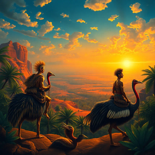 tribal warriors, wearing animal skins, riding cassowaries, lush oasis, distant desert view, vibrant colors, surreal landscape, dramatic contrast, dynamic composition, Henri Rousseau, fantastical creatures, golden sunsets, sweeping vistas, intricate textures, mythical imagery, emotional depth, storytelling essence, ethereal lighting, cultural symbolism, rich tapestry, escapism, enchanting environment, imaginative scale, adventure-themed, vivid contrasts, harmonious palette, poignant atmosphere, mystical journey