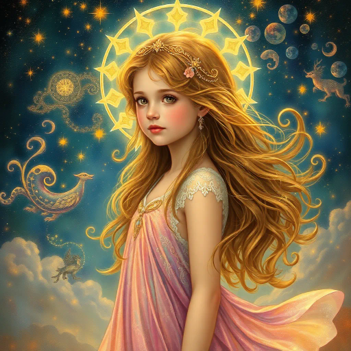 young girl, celestial maiden, enchanting presence, ethereal beauty, intricate details, vibrant colors, swirling galaxies, dreamlike aura, stardust textures, flowing hair, iridescent gown, whimsical background, otherworldly landscape, soft lighting, surrealism, impressionist touch, inspired by Alphonse Mucha, Art Nouveau elegance, mystical symbolism, serene mood, fantastical creatures, cosmic journey, delicate lines, harmonious composition, timeless realm