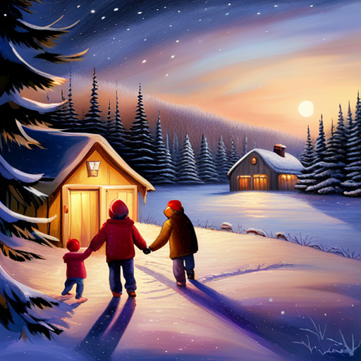 Winter, Children, Christmas Tree, Painting, Impressionism, Snow, Joy, Warmth, Cozy, Soft colors, Brushstrokes, Nature, Light and shadow, Magical, Festive, Family, Tradition