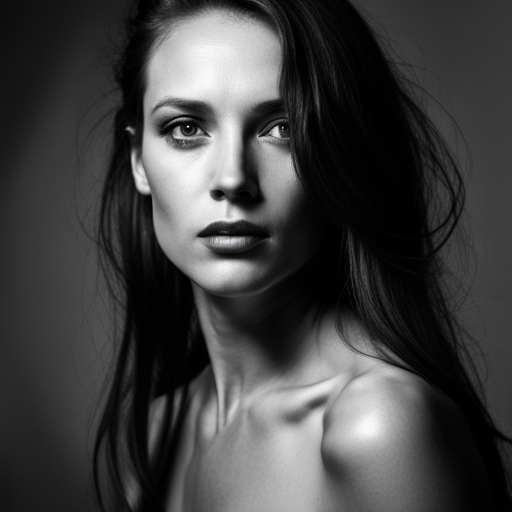 feminine strength, gracefulness, portrait, black and white, soft lighting, emotional expression, beauty, empowerment, contemporary, contrast, delicate features, monochrome, dramatic shadows, timeless elegance, chiaroscuro, Renaissance influence, ethereal mood