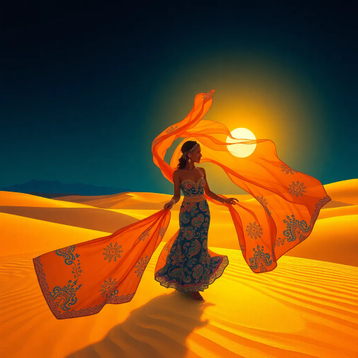 Arabian nights, desert oasis, vibrant colors, Henri Matisse, flowing fabrics, intricate patterns, sunlight reflections, ethnic motifs, modernist approach, serene and poised, cultural fusion, delicate textures, rhythmic lines, sensual elegance, warm earthy tones, exotic allure, mystical ambiance, artistic interpretation, contemporary flair, historical influences, juxtaposition of tradition and modernity
