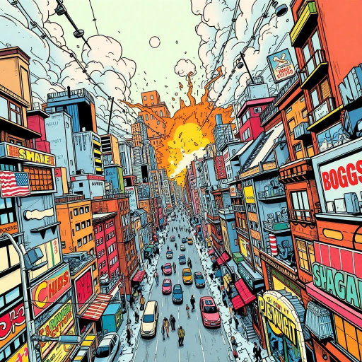 explosive cityscape, dynamic urban environment, chaotic buildings, bustling streets, vibrant colors, graphic novel style, exaggerated perspective, dramatic angles, action-packed scenario, high-energy composition, bustling metropolis, narrative-driven art, comic strip dynamism, intense line work, bold outlines, energetic storytelling, cultural vibrancy, imaginative city life, urban adventures