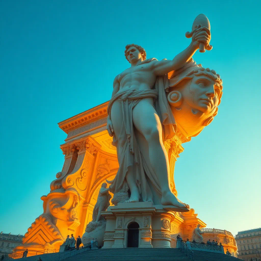 majestic, oversized, surreal, phallic monument, Michelangelo influence, heroic scale, exaggerated proportions, golden hues, intricate details, baroque textures, dramatic lighting, renaissance inspiration, mythological symbolism, gigantic presence, artistic expression, bold contours, sculptural elegance, powerful anatomy, artistic mastery, awe-inspiring form, fantastical interpretation, imaginative creativity, vivid artistry, mythical essence, grand architecture, ethereal atmosphere, opulent splendor, celestial illumination, timeless beauty, visionary design