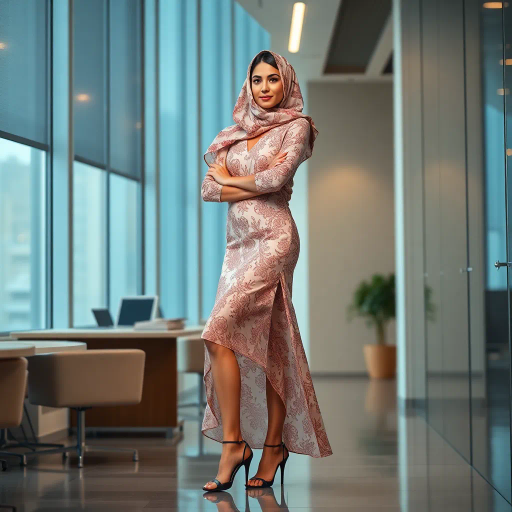 elegant Arab woman, professional attire, modern workplace, high heels, Middle Eastern influence, contemporary art style, intricate patterns, vibrant color palette, soft ambient lighting, cultural expression, dynamic posing, delicate textiles, confidence, empowerment, sophistication, grace, diverse cultural representation, cultural fusion, impressionism influences, human form depiction, balance and harmony, dynamic office environment, elegance, poise, detailed craftwork, modernism, cultural narrative, harmonious composition, vibrant textures