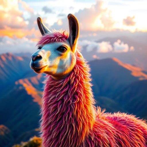majestic llama, Andes mountains, vibrant colors, magical realism, intricate details, surreal landscape, golden hour lighting, textured fur, mystical aura, sweeping vistas, dynamic composition, ethereal clouds, cultural richness, Gabriel García Márquez influence, dreamlike atmosphere, gentle movement, whimsical charm, enchanting presence, intricate patterns, rich symbolism, warm tones, expansive terrain, mythical quality, impressionistic touch, imaginative narrative
