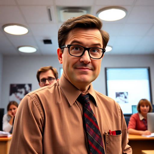 The Office, TV show, satirical humor, vibrant, Steve Carell, ensemble cast, mockumentary style, quirky, everyday life, work environment, subtle irony, character dynamics, Michael Scott, Dunder Mifflin, Scranton, Pennsylvania, documentary filming, 2000s television, comedic timing, deadpan expression, cultural phenomenon, paper company, witty banter, office antics, relatable humor, office supplies, Jim Halpert, Pam Beesly, Dwight Schrute, team dynamics, overhead fluorescent lighting, mundane yet charming, round camera angles, workplace relationships