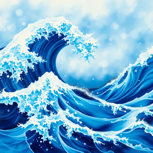 sublime ocean waves, cascading torrents, energetic flow, Hokusai inspired, vibrant blues, luminescent whites, ethereal mist, fluid dynamics, surreal elegance, impressionist touch, maritime allure, foam textures, kinetic energy, tranquil ambience, sunlight reflection, dramatic skies, water symbolism, aquatic harmony, painterly strokes, nature's rhythm, boundless horizon