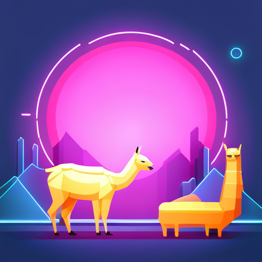 colorful abstract vector llama, futuristic robot, neon lights, geometric shapes, bold composition, metallic materials, technology, movement, cutting-edge perspective, vibrant energy