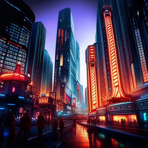 cyberpunk, dystopian, futuristic, technological, cityscape, nature, urban jungle, neon lights, vibrant colors, digital art, advanced civilization, synthetic materials, artificial intelligence, towering skyscrapers, overgrown vegetation, pollution, advanced transportation, dark alleys, glowing symbols, sleek architecture, high-tech gadgets, contrast between nature and technology, chaotic streets, augmented reality, cybernetic enhancements