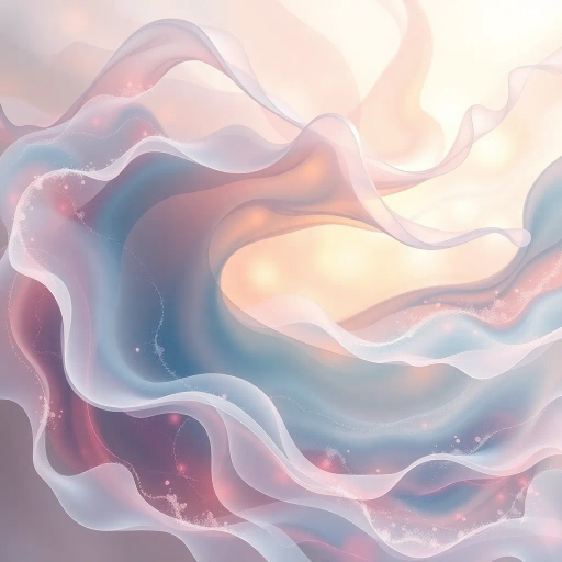 ethereal beauty, contemporary surrealism, soft pastels, delicate textures, luminescent glow, harmonious composition, fluid motion, tranquil ambiance, avant-garde, dreamlike scenery, high contrast, intricate details, elegance, impressionistic influence, 21st century, soothing aura, symbolic representation, visual poetry, elegant contours, abstract forms