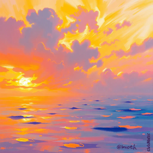 ethereal sunset, vibrant colors, Claude Monet, Impressionism, golden hour lighting, swirling clouds, reflection on water, serene mood, vast horizon, dynamic movement, dreamlike atmosphere, soft brushstrokes, radiant hues, mystical ambiance, tranquil waterscape, luminous glow, immersive landscape, visual poetry, atmospheric depth, otherworldly impression