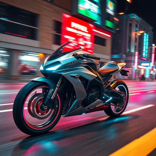 futuristic motorcycle, sleek design, dynamic movement, vibrant neon lighting, retro-futurism aesthetics, Ralph McQuarrie, cyberpunk cityscape, speed and energy, chrome finishes, intricate mechanical details, kinetic composition, bold contrasts, urban night setting, digital rendering techniques, motion blur, concept art, streamlined form, synthetic materials, high contrast shadows, immersive environment, Akira inspiration, Blade Runner ambiance, luminous reflections, electric hues, cutting-edge technology, dusk ambiance, cinematic angles, futuristic metropolis, pulsating vibrancy