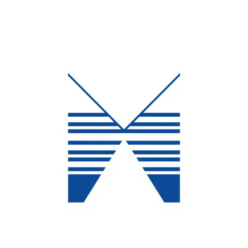 bold letter M, parallel strokes, tapering structure, upward hierarchy, indigo blue, geometric precision, vector design, minimalist aesthetic, structural elegance, balance and symmetry, clean composition, white background, modernist influences, Bauhaus geometry, minimal lines, disciplined form, artistic clarity, abstract expression, Kandinsky inspiration, harmonious contrast, flat color fields, innovative typographic elements, Swiss design principles, mid-century modern vibes