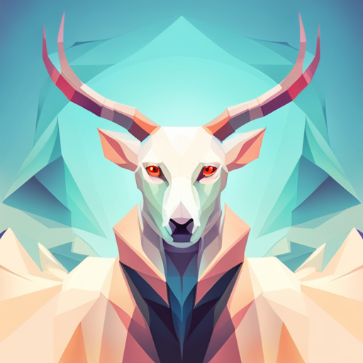 abstract, vector art, low-poly modeling, small, goat, antlers, robot, white background, geometric shapes, vibrant colors, triangle mesh, sharp angles, polygon reduction, stylized, 3D rendering, angular composition, digital artwork, robotic subject, minimalistic, futuristic