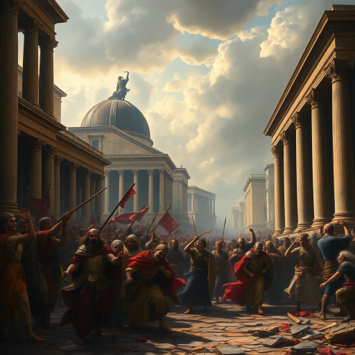 historical devastation, Alaric the Visigoth, ancient ruins, classical architecture, fiery inferno, chaos and turmoil, gothic shadows, sacking and looting, eternal city, Roman Empire, invasion, dramatic conflict, tumultuous skies, Rembrandt lighting, powerful emotions, ancient warfare, Caravaggio-inspired, chiaroscuro, symbolic destruction, fallen civilization, rich textures, monochromatic palette, intense drama, baroque influences, historical narrative, perspective of awe, melancholic atmosphere