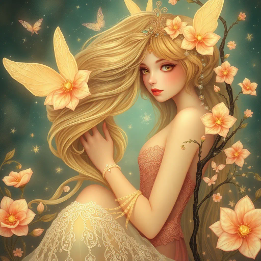 innocent young maiden, charming elegance, ethereal glow, inspired by Yoshitaka Amano, whimsical fantasy, serene ambiance, soft pastel hues, delicate brushwork, intricate lace textures, dreamlike scene, luminous lighting, gentle perspective, emotional warmth, magical atmosphere, fairy tale influences, graceful pose, art nouveau curves, enchanting forest backdrop, mythical creatures, serene expression