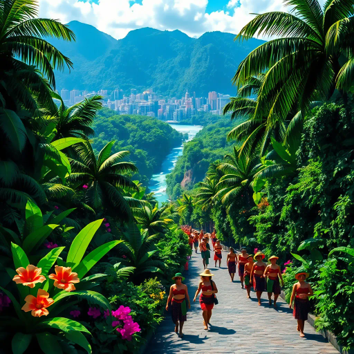 tropical paradise, vibrant rainforest, Rio Carnival, Brazilian culture, Jorge Selarón, Carmen Miranda, exuberant colors, lush vegetation, dynamic samba dancers, vivid patterns, Amazon River, exotic wildlife, modern architecture, indigenous art, celebratory mood, Afro-Brazilian heritage, vibrant street scenes, bold compositions, fluid movement, warmth and energy, sunlit landscapes, urban diversity, festive atmosphere, contemporary influences, chromatic brilliance