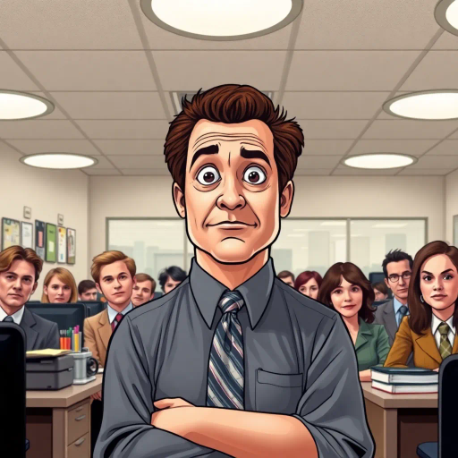 satirical humor, vibrant, ensemble cast, mockumentary style, quirky everyday life, work environment, subtle irony, character dynamics, Michael Scott, Dunder Mifflin, Scranton, Pennsylvania, documentary filming, 2000s television, comedic timing, deadpan expression, cultural phenomenon, witty banter, office antics, relatable humor, office supplies, team dynamics, overhead fluorescent lighting, mundane yet charming, round camera angles, workplace relationships, Steve Carell, Jim Halpert, Pam Beesly, Dwight Schrute, Americana, colorful panels, exaggerated expressions, cultural satire, linear storytelling, humor infused dialogue, caricatured characters, dynamic interactions, visual metaphors, pop culture references, narrative depth, comic strip style