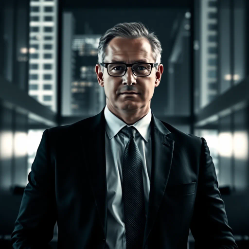 executive, portrait, modern office, chiaroscuro lighting, sleek design, authority, power, business attire, professional setting, sharp focus, corporate environment, elegance, contemporary, high-rise building, urban backdrop, soft shadows, confidence, leadership, minimalistic, ceo style, monochromatic color palette, sophisticated, balanced composition, dynamic angles, reflective surfaces, formal posture, 21st century, urban chic, commanding presence