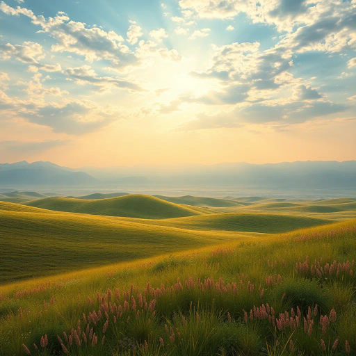 vast Xinjiang grasslands, dramatic rolling hills, lush greenery, expansive skies, Claude Monet, Impressionism, golden sunlight, atmospheric perspective, vivid hues, delicate textures, pastoral landscape, ethereal beauty, serene ambiance, endless horizon, fleeting clouds, harmonious colors, organic forms, enchanting panorama, gentle undulations, tranquil open spaces, rustic charm, idyllic scenery, poetic portrayal