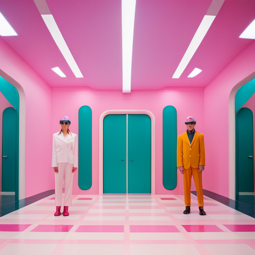 Wes Anderson, directing style, warm lighting, careful composition, pastel colors, retro-futuristic, melancholic, introspective, futuristic technology, human-AI relationship, unconventional love story, melancholic atmosphere