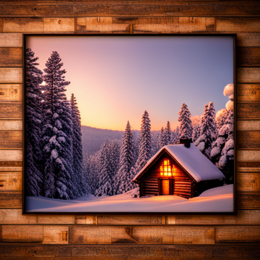 mountain landscape, cozy cabin, winter retreat, snowy peaks, rustic charm, natural beauty, peaceful solitude, warm hearth, wooden beams, crackling fireplace, snow-covered trees, panoramic view, distant horizon, tranquil atmosphere