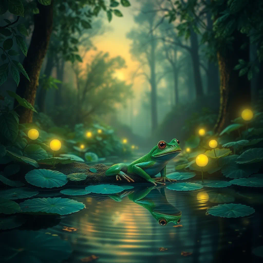frog, enchanted forest, twilight, mystical atmosphere, shimmering foliage, bioluminescent glow, surrealism, vibrant greens, ethereal light, Claude Monet, hyperrealism, soft focus, peaceful reflection, gentle ripples, amphibian elegance, fantasy creatures, magical realism, Alphonse Mucha, Art Nouveau, fairy tale setting, intricate textures, delicate patterns, whimsical gardens, nature's splendor, dreamlike quality, serene mood, poetic symbolism, natural harmony, lively yet tranquil
