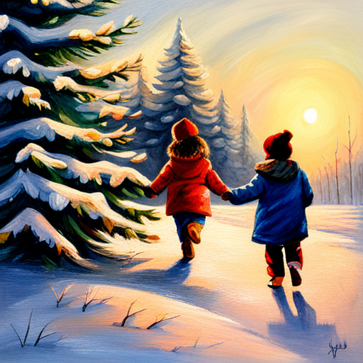 vibrant colors, joyful atmosphere, detailed brushwork, traditional medium, nostalgic depiction, classic composition, cozy scene, nostalgic charm, vintage aesthetic, winter festivities, Christmas celebration, children's innocence, holiday spirit, nostalgic mood, realistic portrayal, vintage oil on canvas painting